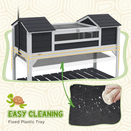 Wooden Tortoise Enclosure with Dual Houses, Adjustable Lamp Holder, Storage Shelf & Openable Lid - Grey