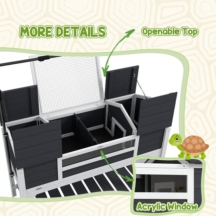 Wooden Tortoise Enclosure with Dual Houses, Adjustable Lamp Holder, Storage Shelf & Openable Lid - Grey