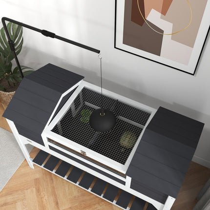 Wooden Tortoise Enclosure with Dual Houses, Adjustable Lamp Holder, Storage Shelf & Openable Lid - Grey