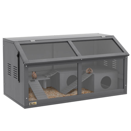Wooden Hamster Cage with Suspension Bridge, Hut & Openable Top for Small Animals 85x45x44cm - Grey