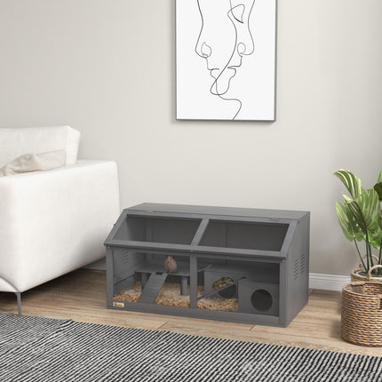 Wooden Hamster Cage with Suspension Bridge, Hut & Openable Top for Small Animals 85x45x44cm - Grey