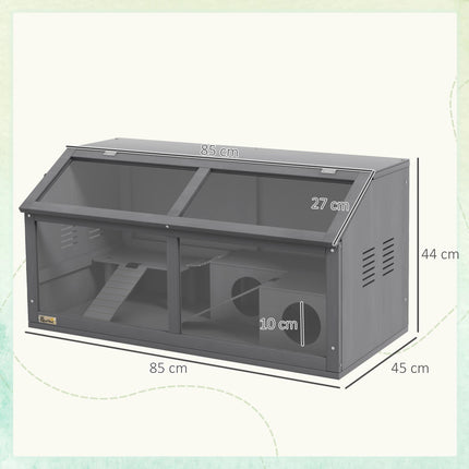 Wooden Hamster Cage with Suspension Bridge, Hut & Openable Top for Small Animals 85x45x44cm - Grey