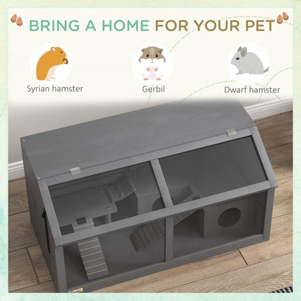 Wooden Hamster Cage with Suspension Bridge, Hut & Openable Top for Small Animals 85x45x44cm - Grey