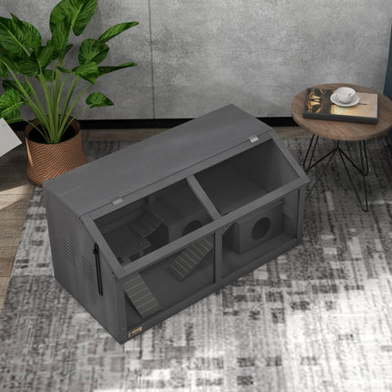 Wooden Hamster Cage with Suspension Bridge, Hut & Openable Top for Small Animals 85x45x44cm - Grey