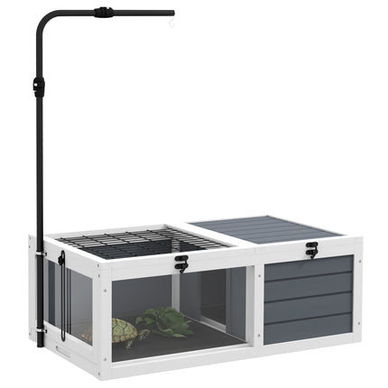 Adjustable Lamp Tortoise Table with Wooden House, Pull-out Trays & Openable Lids - Grey
