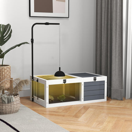 Adjustable Lamp Tortoise Table with Wooden House, Pull-out Trays & Openable Lids - Grey