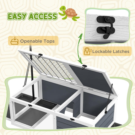 Adjustable Lamp Tortoise Table with Wooden House, Pull-out Trays & Openable Lids - Grey