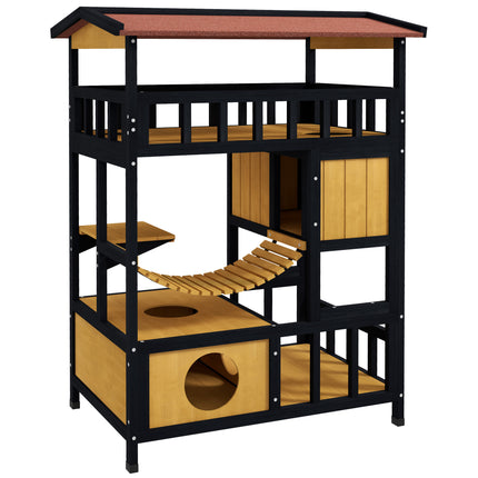 Four-Tier Outdoor Wooden Feral Cat Shelter with Suspension Bridge and Balcony - Yellow Black Red