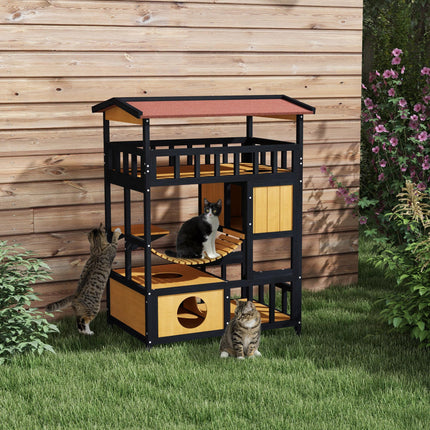 Four-Tier Outdoor Wooden Feral Cat Shelter with Suspension Bridge and Balcony - Yellow Black Red