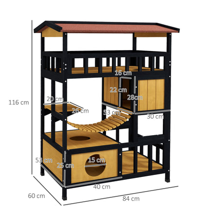 Four-Tier Outdoor Wooden Feral Cat Shelter with Suspension Bridge and Balcony - Yellow Black Red