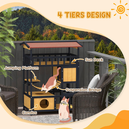 Four-Tier Outdoor Wooden Feral Cat Shelter with Suspension Bridge and Balcony - Yellow Black Red