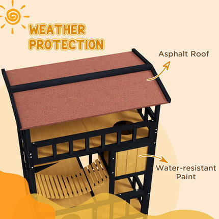 Four-Tier Outdoor Wooden Feral Cat Shelter with Suspension Bridge and Balcony - Yellow Black Red