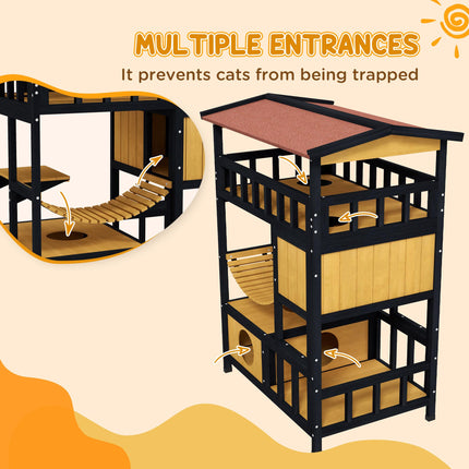 Four-Tier Outdoor Wooden Feral Cat Shelter with Suspension Bridge and Balcony - Yellow Black Red