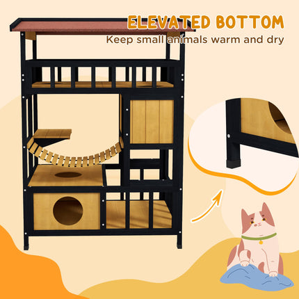 Four-Tier Outdoor Wooden Feral Cat Shelter with Suspension Bridge and Balcony - Yellow Black Red