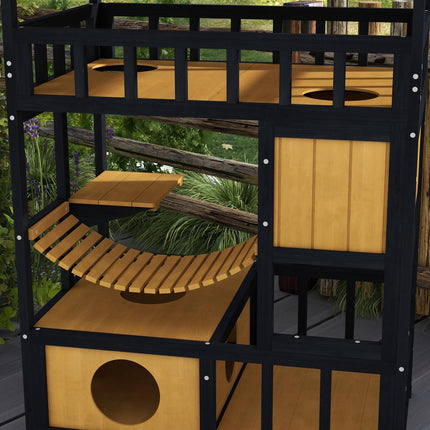 Four-Tier Outdoor Wooden Feral Cat Shelter with Suspension Bridge and Balcony - Yellow Black Red