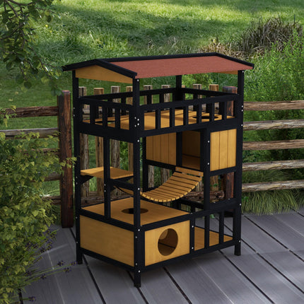 Four-Tier Outdoor Wooden Feral Cat Shelter with Suspension Bridge and Balcony - Yellow Black Red