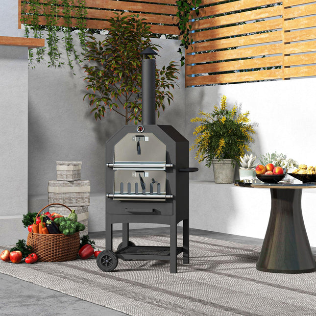 3 Tier Outdoor Pizza Oven and BBQ Grill with Charcoal Tray - Black