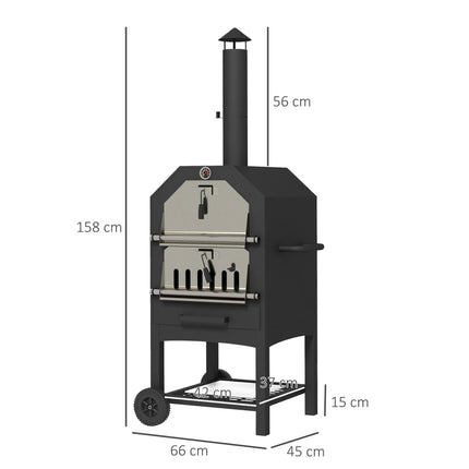 3 Tier Outdoor Pizza Oven and BBQ Grill with Charcoal Tray - Black