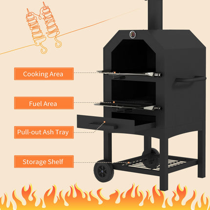 3 Tier Outdoor Pizza Oven and BBQ Grill with Charcoal Tray - Black
