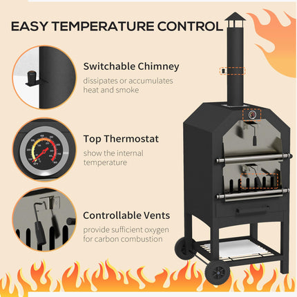 3 Tier Outdoor Pizza Oven and BBQ Grill with Charcoal Tray - Black