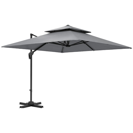 3 x 3m Cantilever Parasol with Aluminium Frame, Crank, Tilt & 360° Rotation, Double Top Garden Umbrella with Base and Cover - Light Grey