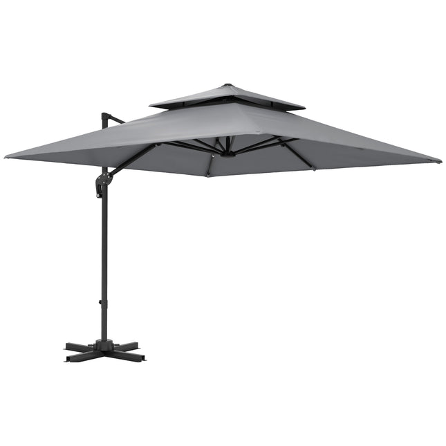 3 x 3m Cantilever Parasol with Aluminium Frame, Crank, Tilt & 360° Rotation, Double Top Garden Umbrella with Base and Cover - Light Grey