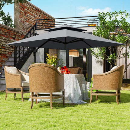 3 x 3m Cantilever Parasol with Aluminium Frame, Crank, Tilt & 360° Rotation, Double Top Garden Umbrella with Base and Cover - Light Grey