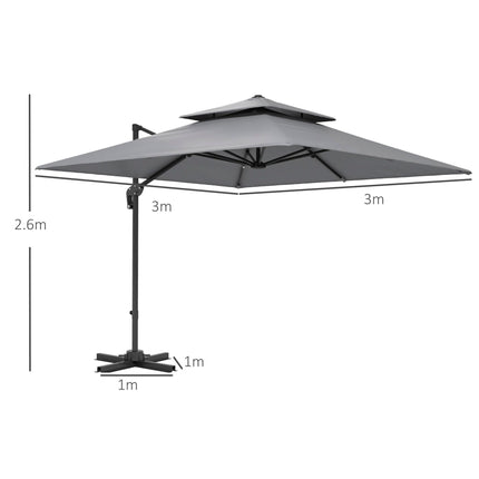 3 x 3m Cantilever Parasol with Aluminium Frame, Crank, Tilt & 360° Rotation, Double Top Garden Umbrella with Base and Cover - Light Grey