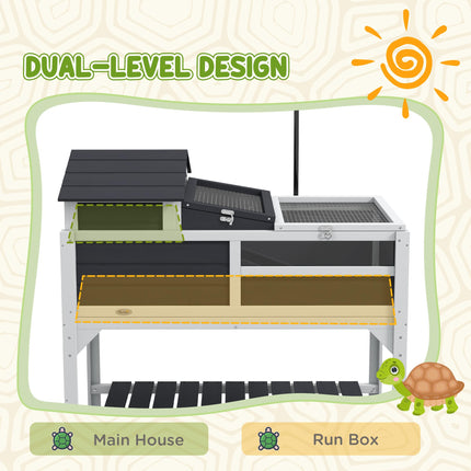 Wooden Tortoise Enclosure with Adjustable Lamp Holder, Openable Lid & Removable House - Grey