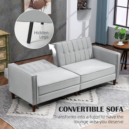 Modern Convertible Velvet-Touch Tufted Sofa Futon with Adjustable Split Back - Light Grey