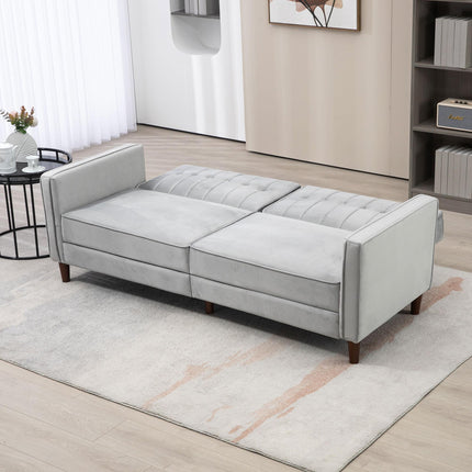 Modern Convertible Velvet-Touch Tufted Sofa Futon with Adjustable Split Back - Light Grey