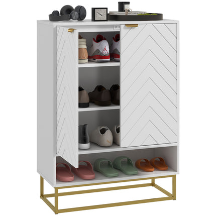 Modern Shoe Storage Cabinet with Adjustable Shelves and 6 Vents for 12 Pairs - White & Gold Tone
