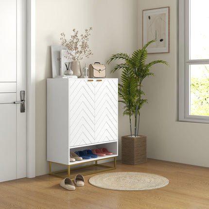 Modern Shoe Storage Cabinet with Adjustable Shelves and 6 Vents for 12 Pairs - White & Gold Tone