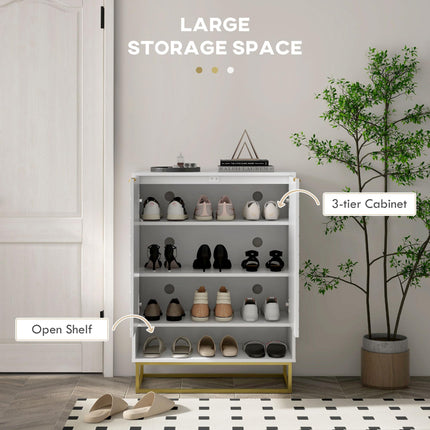 Modern Shoe Storage Cabinet with Adjustable Shelves and 6 Vents for 12 Pairs - White & Gold Tone