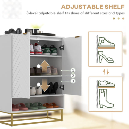 Modern Shoe Storage Cabinet with Adjustable Shelves and 6 Vents for 12 Pairs - White & Gold Tone