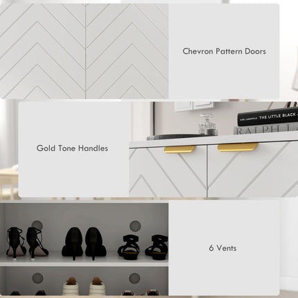 Modern Shoe Storage Cabinet with Adjustable Shelves and 6 Vents for 12 Pairs - White & Gold Tone