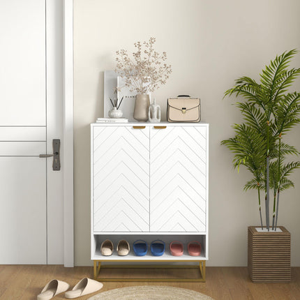 Modern Shoe Storage Cabinet with Adjustable Shelves and 6 Vents for 12 Pairs - White & Gold Tone