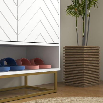 Modern Shoe Storage Cabinet with Adjustable Shelves and 6 Vents for 12 Pairs - White & Gold Tone