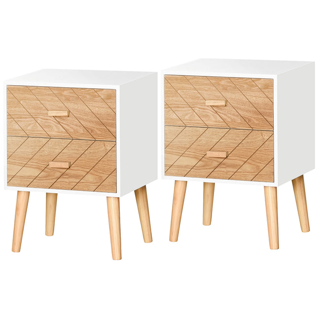 Set of 2 Nordic Style Wooden Bedside Tables with Pine Legs - Natural
