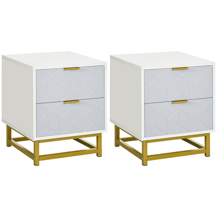 Set of 2 Art Deco Steel Frame Bedside Tables with Storage - Grey and White