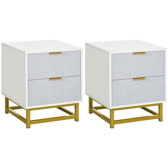 Set of 2 Art Deco Steel Frame Bedside Tables with Storage - Grey and White