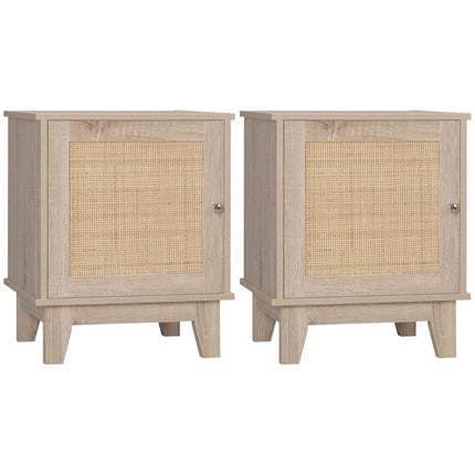 Set of 2 Bedside Tables with Storage Cupboard and Rattan Panel - Natural