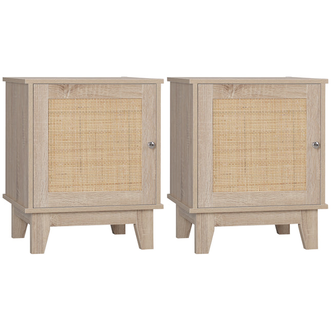 Set of 2 Bedside Tables with Storage Cupboard and Rattan Panel - Natural