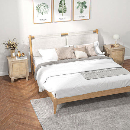 Set of 2 Bedside Tables with Storage Cupboard and Rattan Panel - Natural