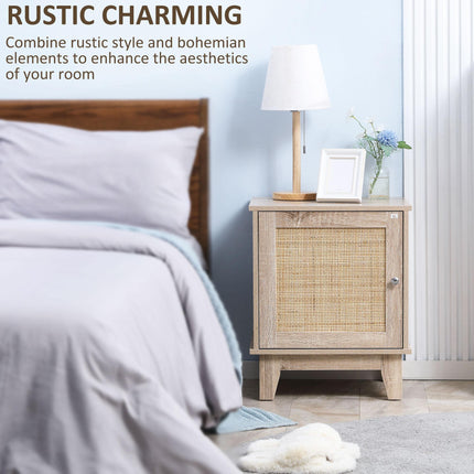 Set of 2 Bedside Tables with Storage Cupboard and Rattan Panel - Natural