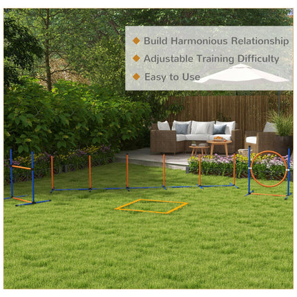 Dog Agility Training Equipment Set with Weave Poles, Jump Ring, Pause Box & Adjustable Hurdle - Orange