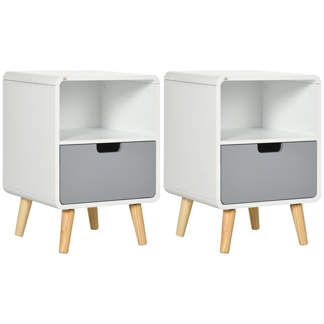 Set of 2 Scandinavian Wooden Bedside Tables with Drawer - Natural Wood