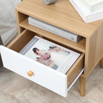 Set of 2 Modern Bedside Tables with Drawer and Shelf - Natural