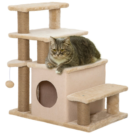 Adjustable Cat Steps with House and Hanging Toy Ball - Beige
