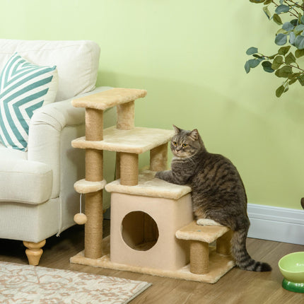 Adjustable Cat Steps with House and Hanging Toy Ball - Beige